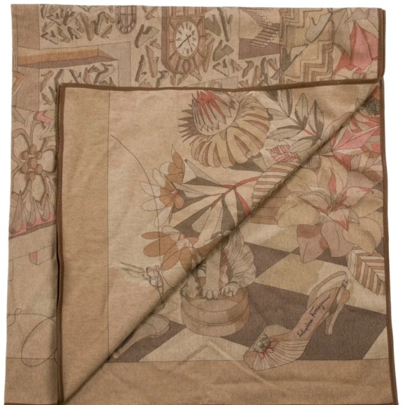 Salvatore Ferragamo Beige and Brown throw blanket with leather trimmings